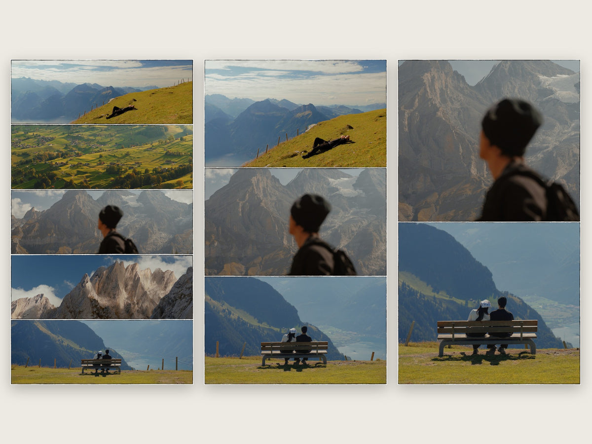 Free Cinematic Frames: Film Scan frames in 5, 3 and 2 rows over Swiss mountain shots
